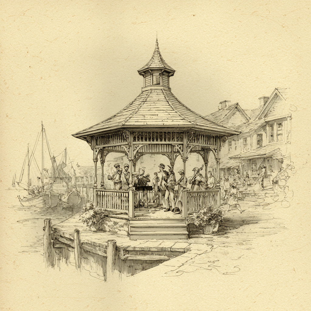 Pencil sketch of a waterfront gazebo with a small band performing and townspeople gathered nearby.