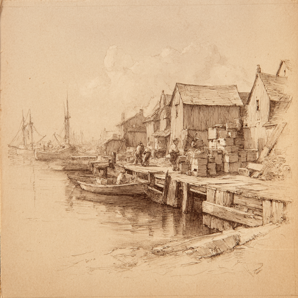 Pencil sketch of a harbor village with a dock, several workers, and small boats on calm water.