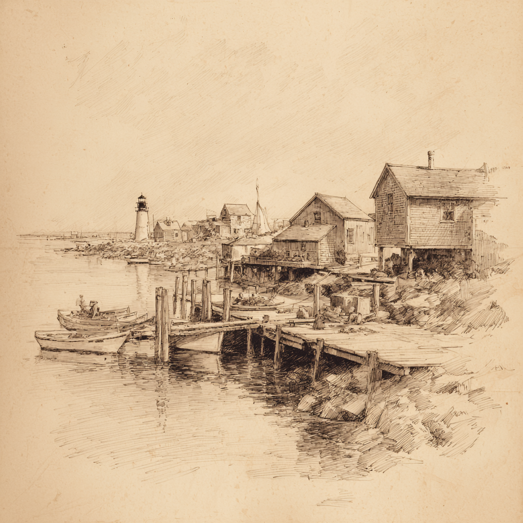 Pencil sketch of a quiet harbor with docks, small boats, and a lighthouse across the water.