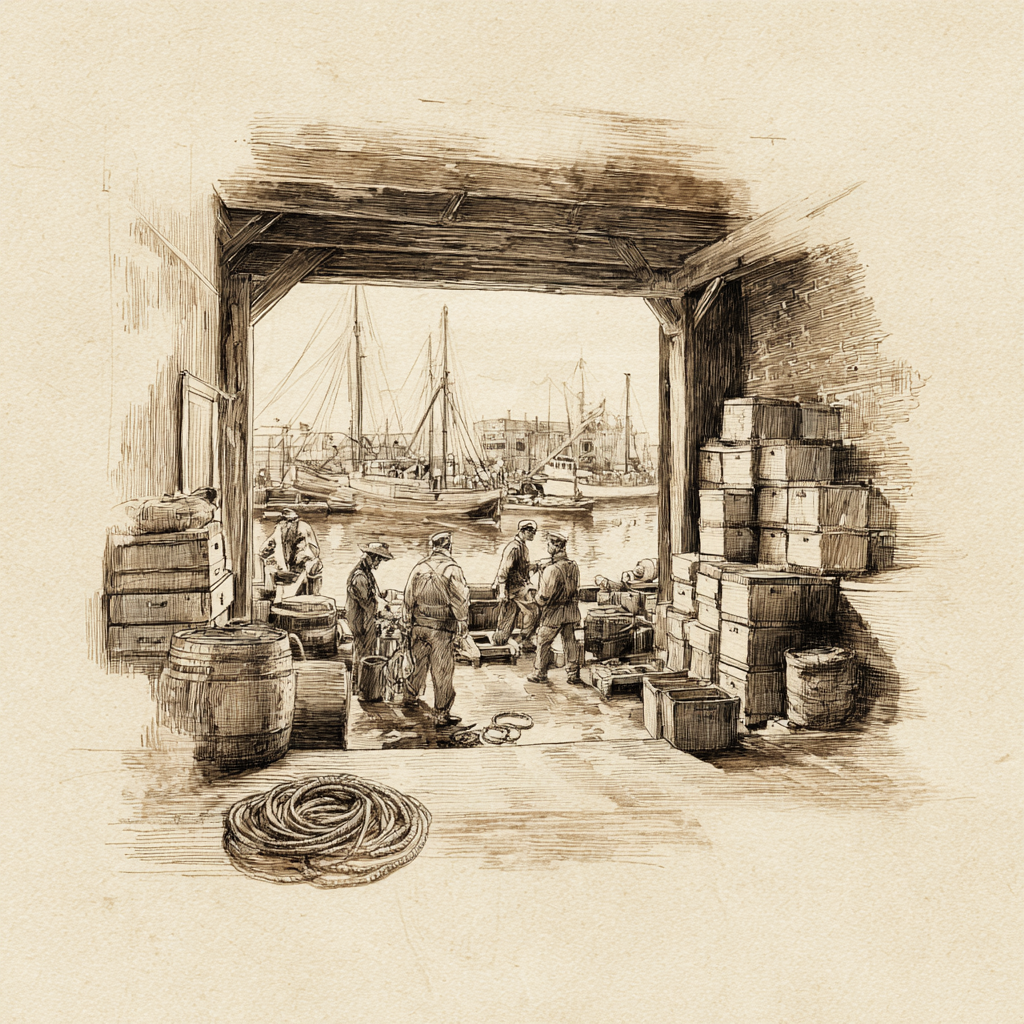 Pencil sketch of a rope and cargo storehouse opening onto a dock with boats outside.