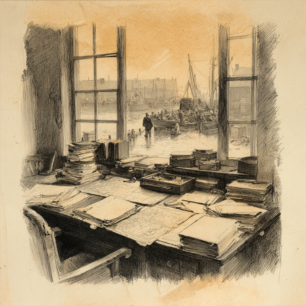 Pencil sketch of a harbor office desk with maps, tools, and a view of workers loading crates outside.