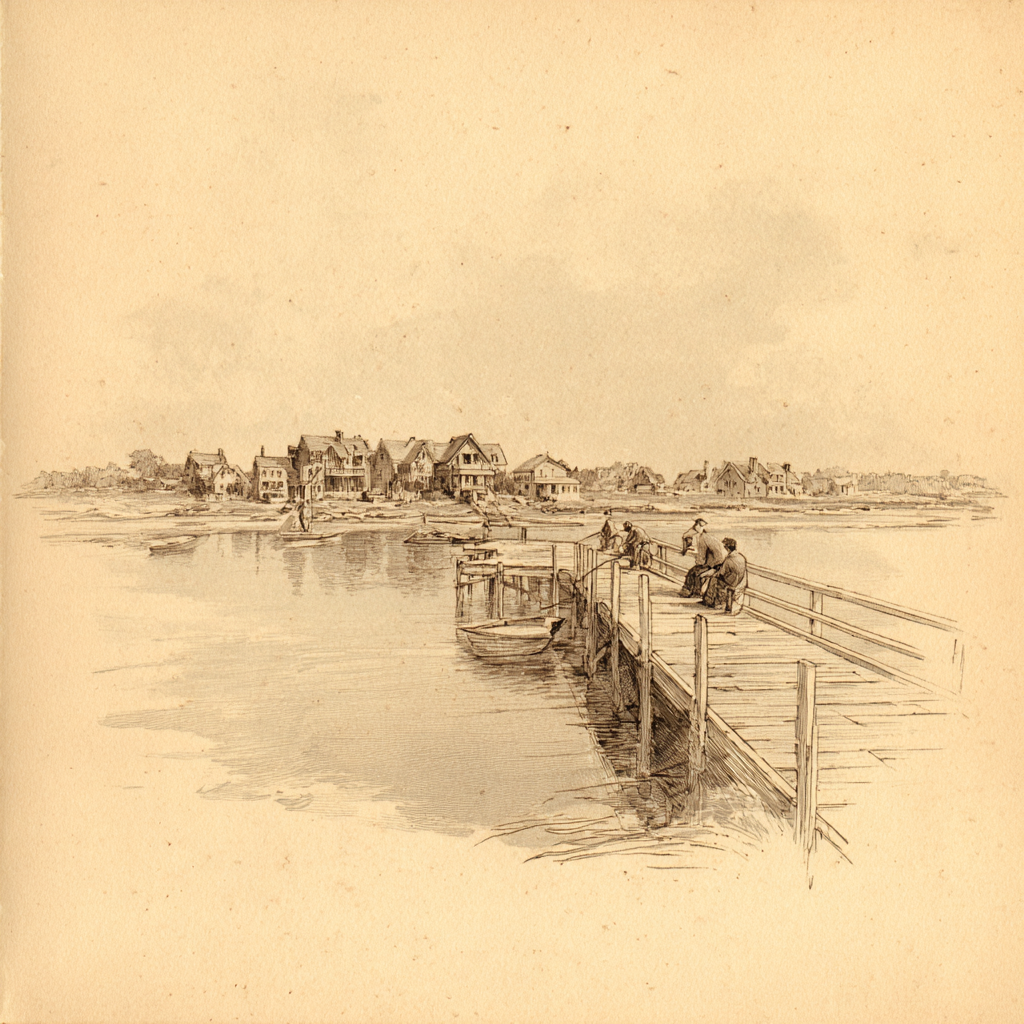Pencil sketch of people fishing from a long wooden pier with waterfront houses and boats in the distance.