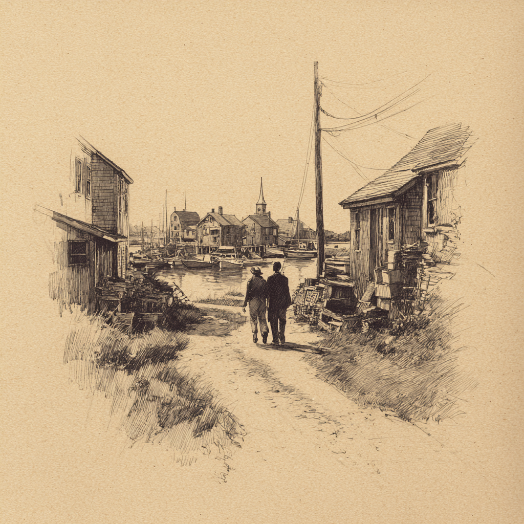 Pencil sketch of two people walking down a village road between docks, sheds, and boats.