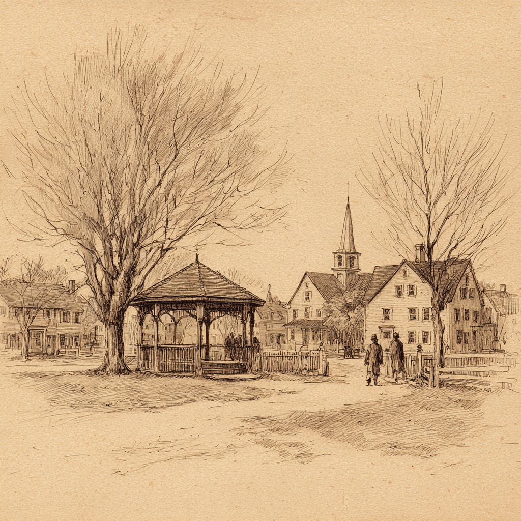Pencil sketch of a town green with a gazebo, houses, a church steeple, and two people approaching along a path.