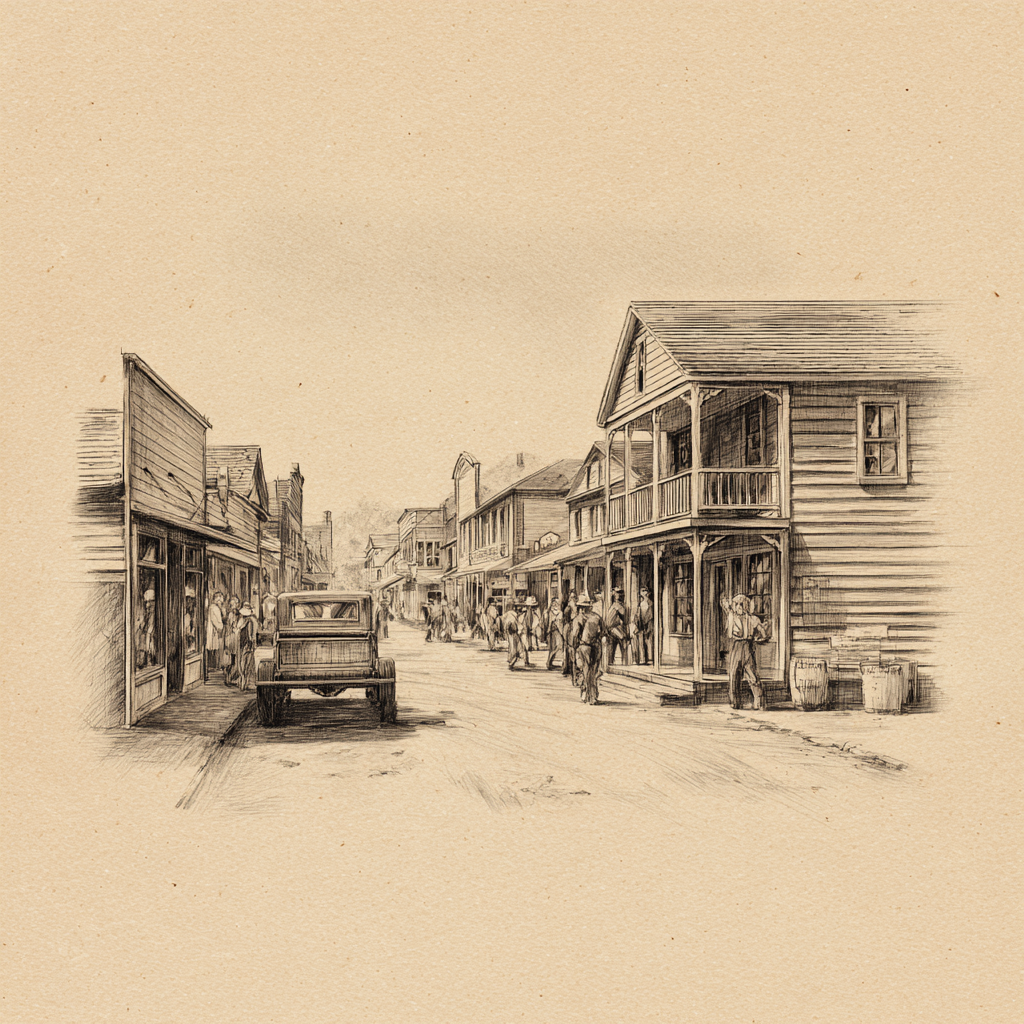 Pencil sketch of a small-town main street with storefronts, a parked truck, and people gathered outside.