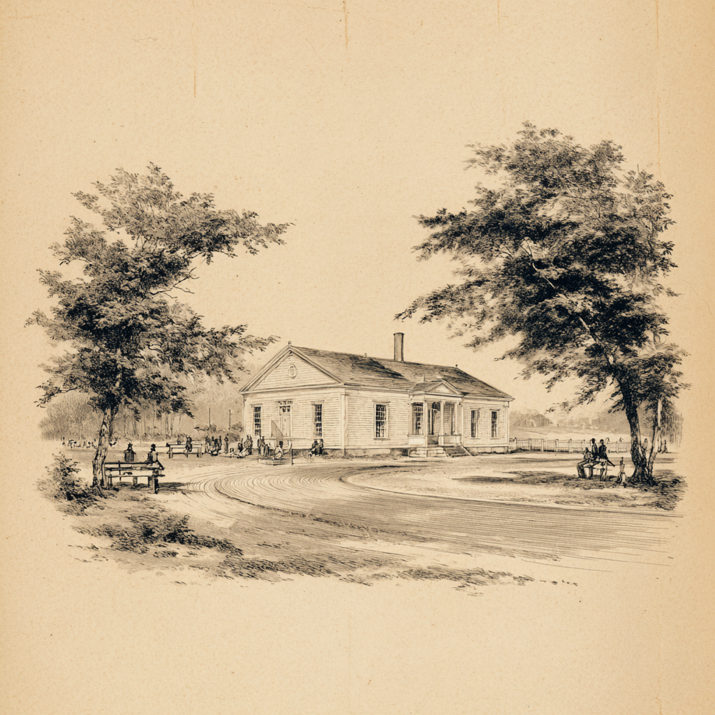 Pencil sketch of runners circling a school track with a coach and a few spectators nearby.