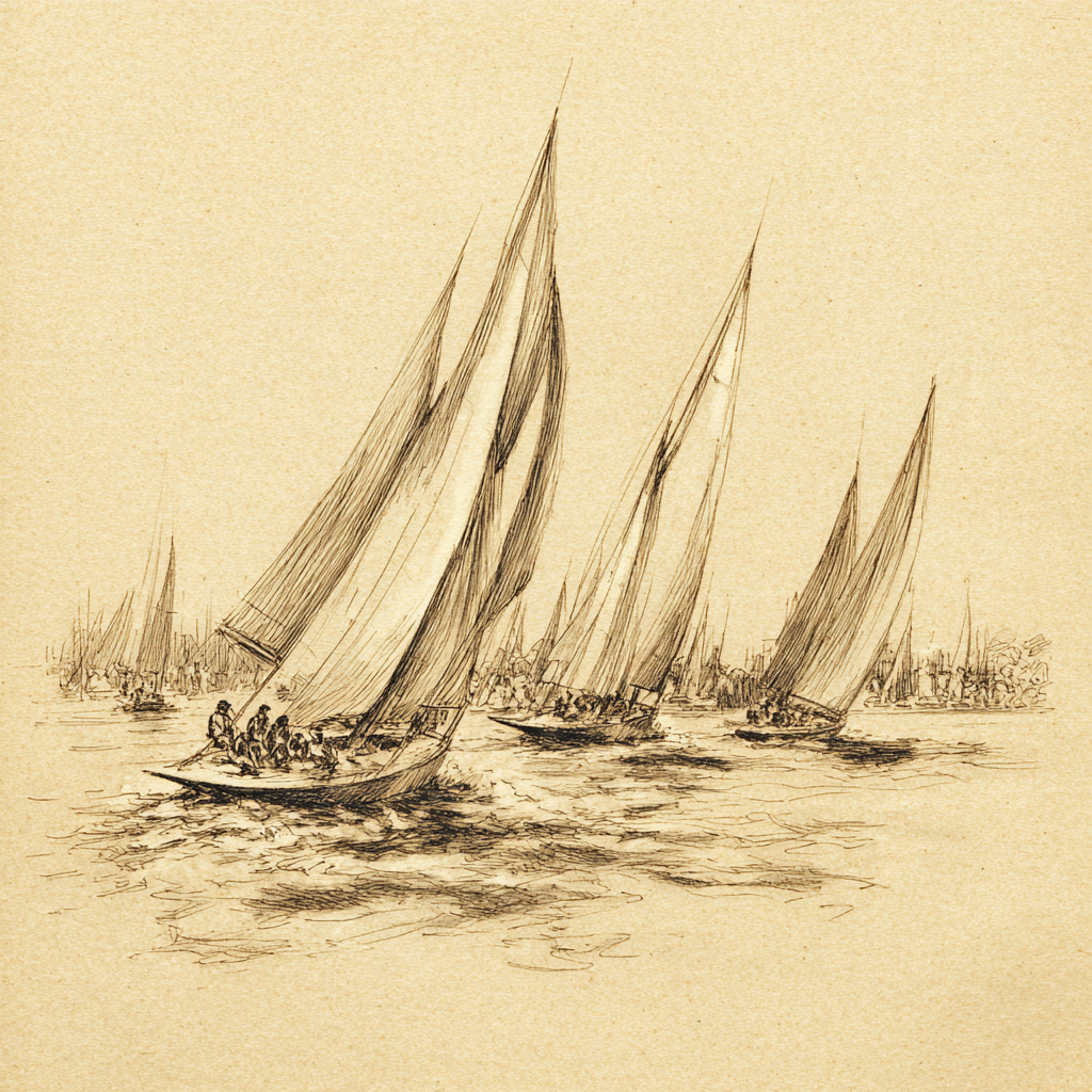 Pencil sketch of several sailboats racing across a river while spectators watch from the shore.
