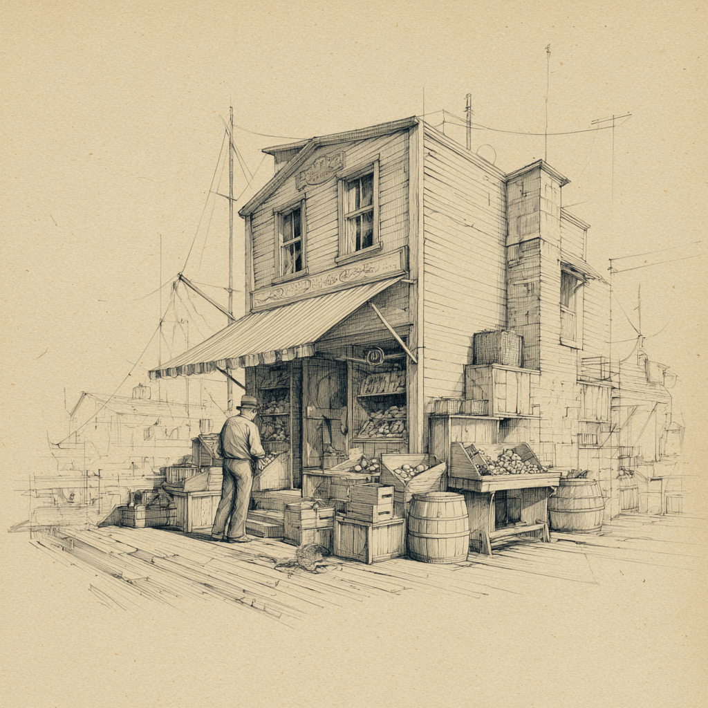 Pencil sketch of a shopkeeper sweeping the boardwalk outside a general store.