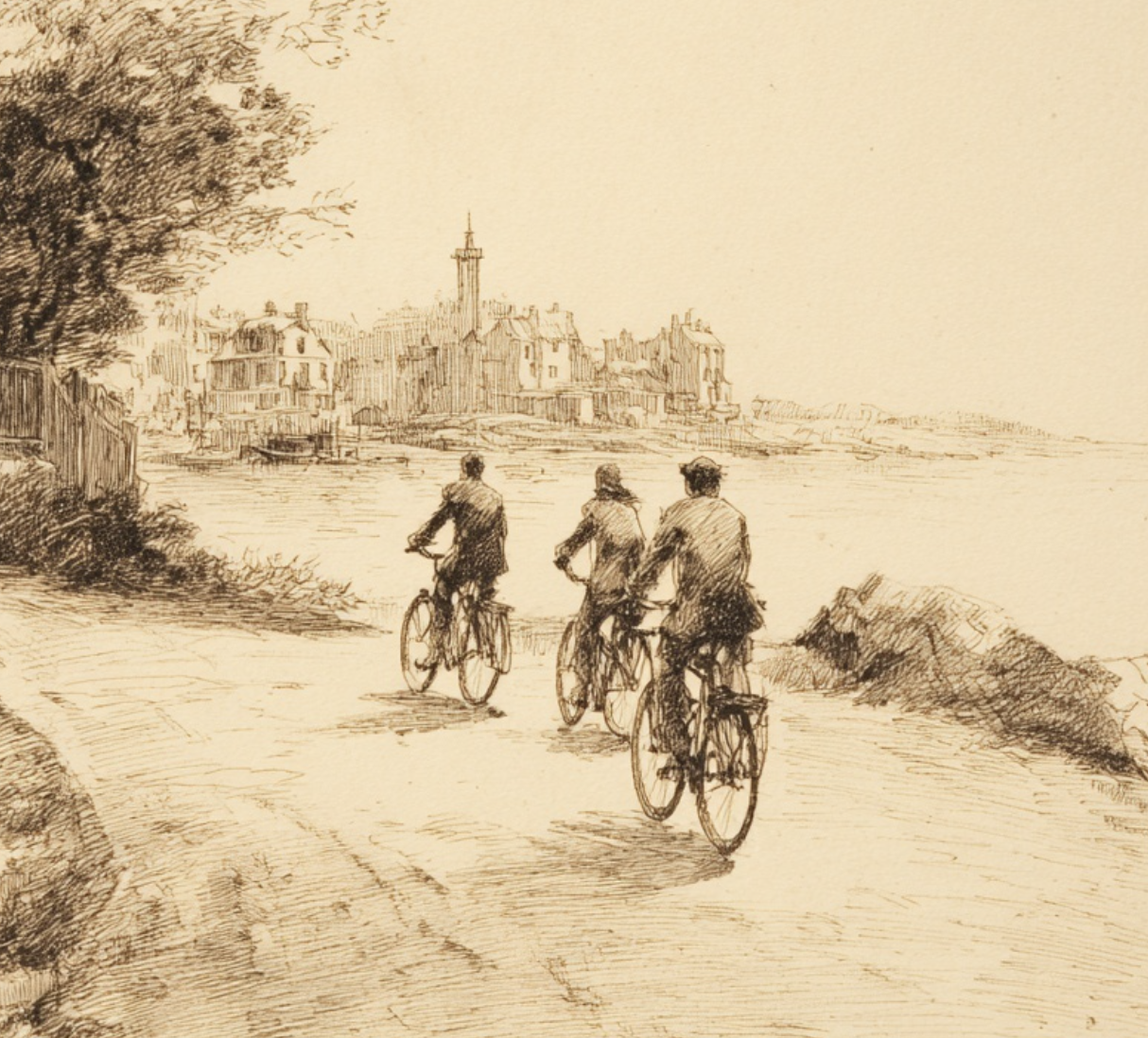 Pencil sketch of three people riding bicycles along a harbor road toward a lighthouse.