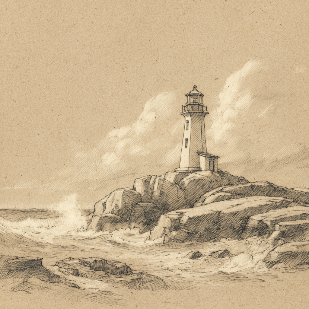 Pencil sketch of a lighthouse rising from a rocky point above rough water.