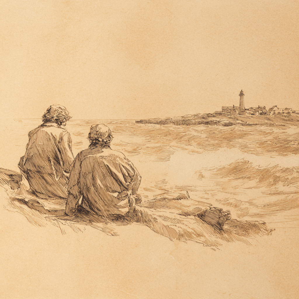 Pencil sketch of two people watching a lighthouse across rough water from the shoreline.