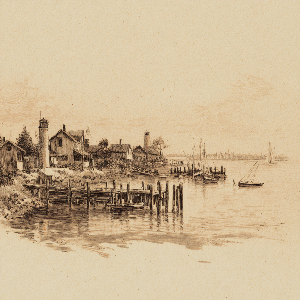 Pencil sketch of a harbor shoreline with docks, pilings, boats, and waterfront buildings.