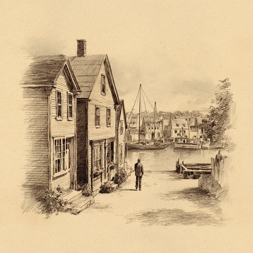 Pencil sketch of children playing outdoors in a small coastal town.