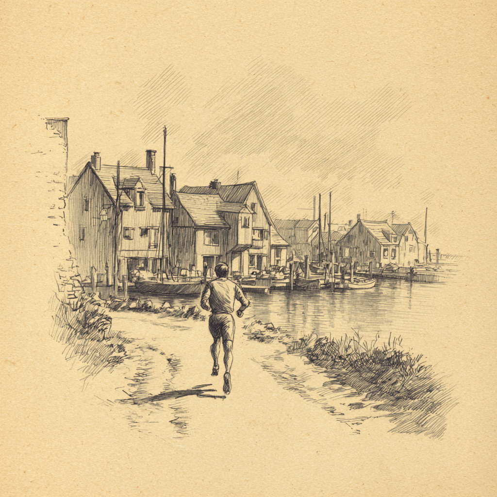 Pencil sketch of a runner on a harbor path with waterfront buildings and boats ahead.