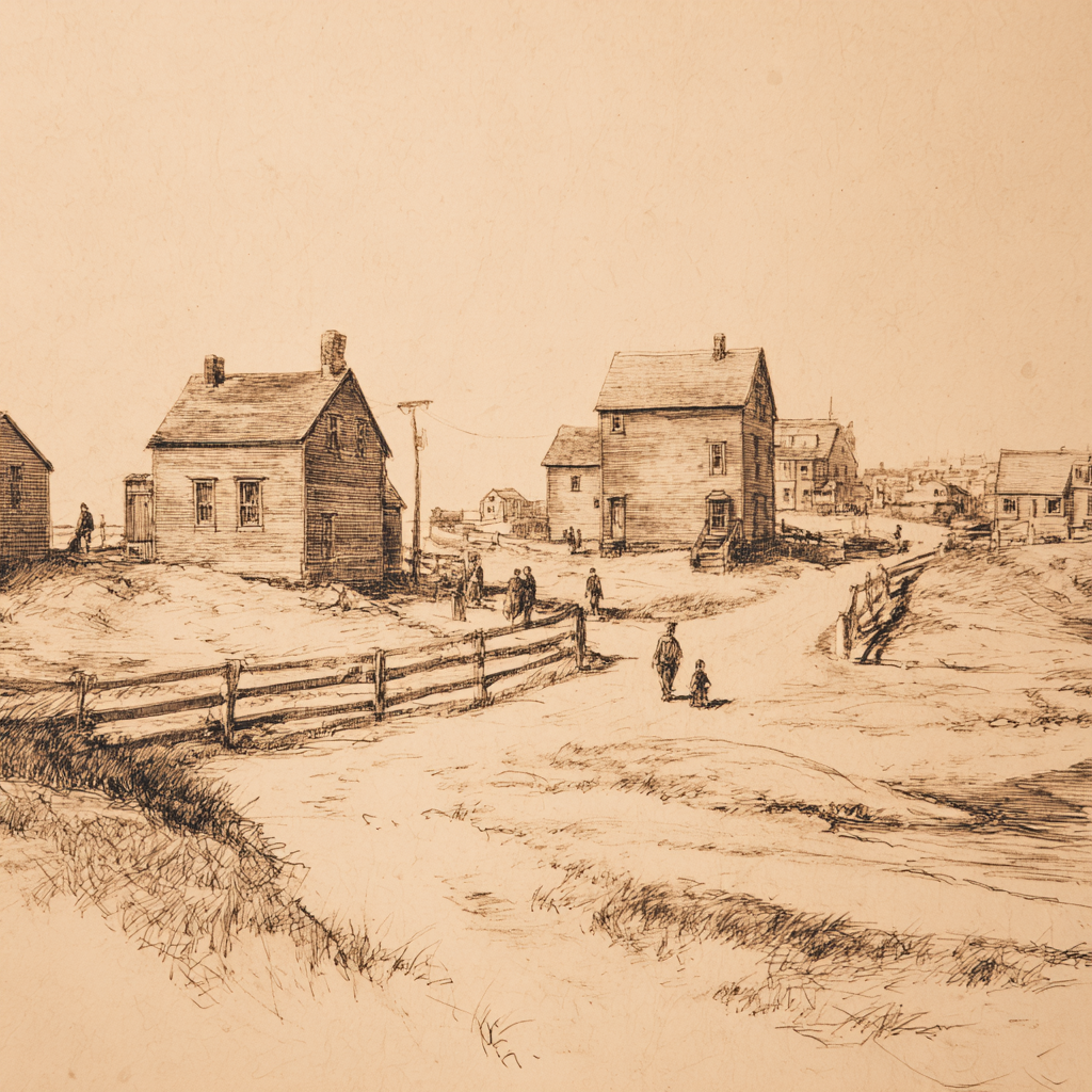 Pencil sketch of a harbor at sunset with a lighthouse beyond docks and small boats.