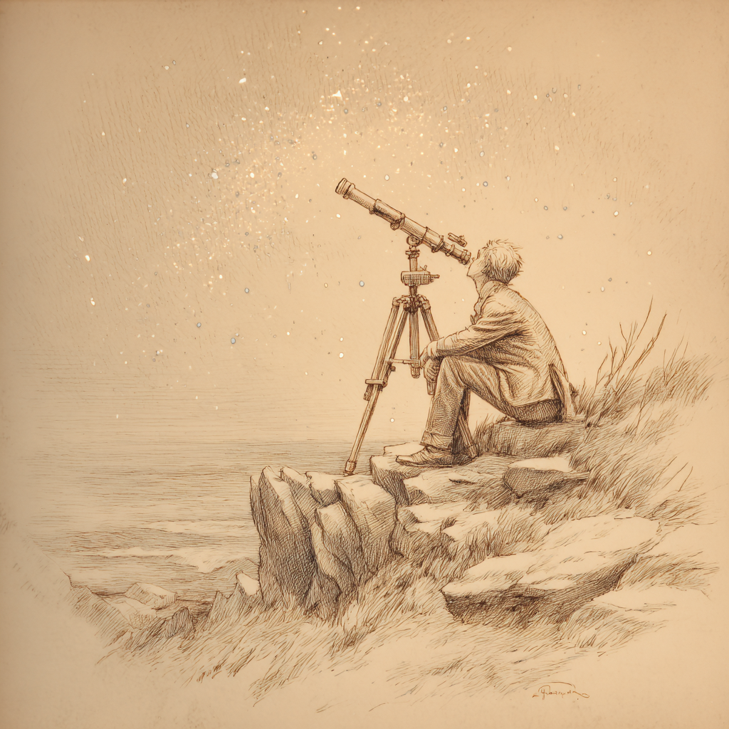 Pencil sketch of a person using a telescope under a bright night sky.