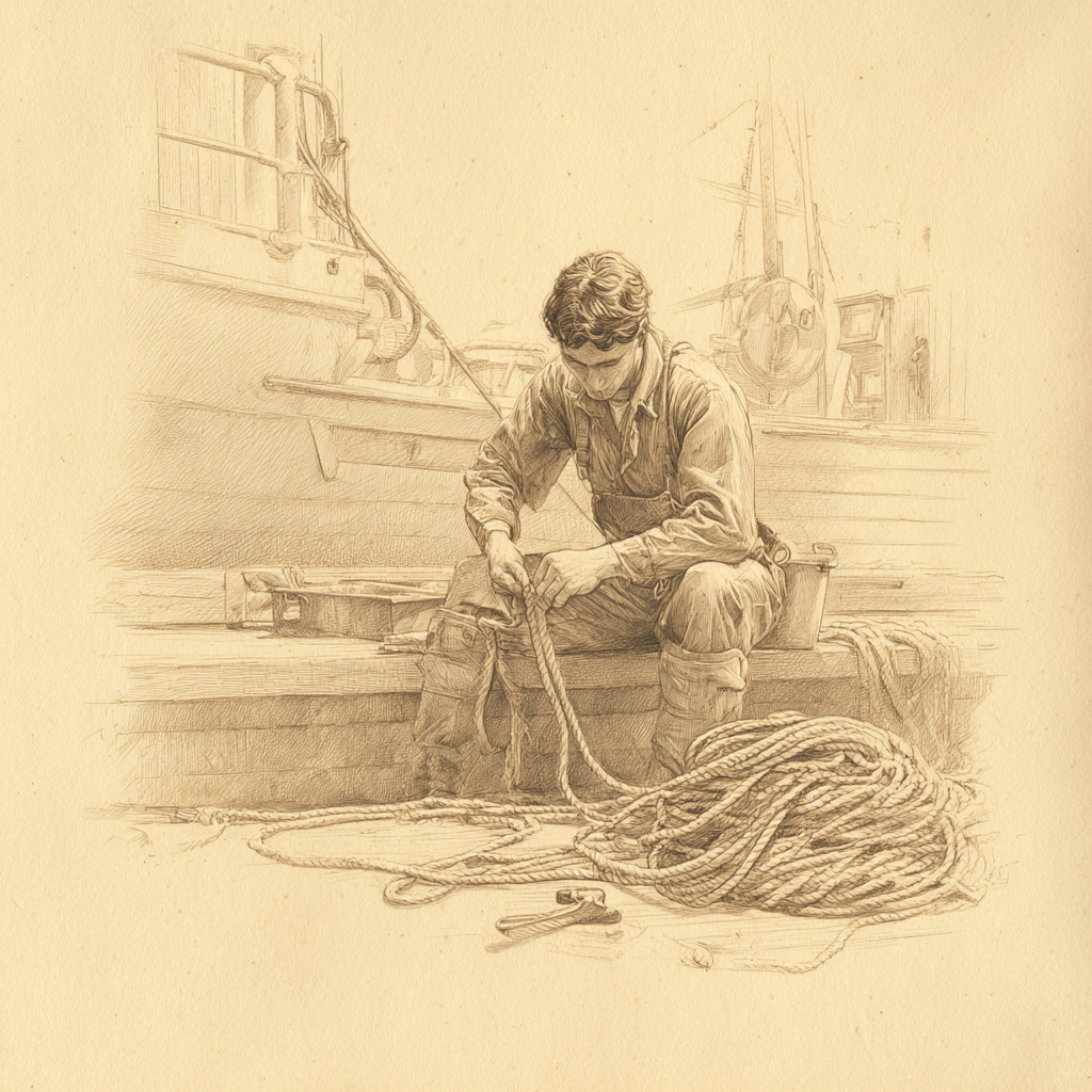 Pencil sketch of a sailor making a knot with rope in a harbor setting.