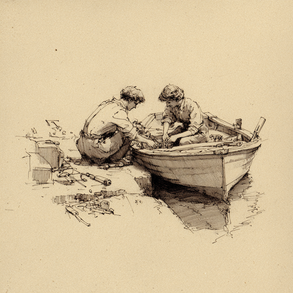 Pencil sketch of two people fixing a small boat together.