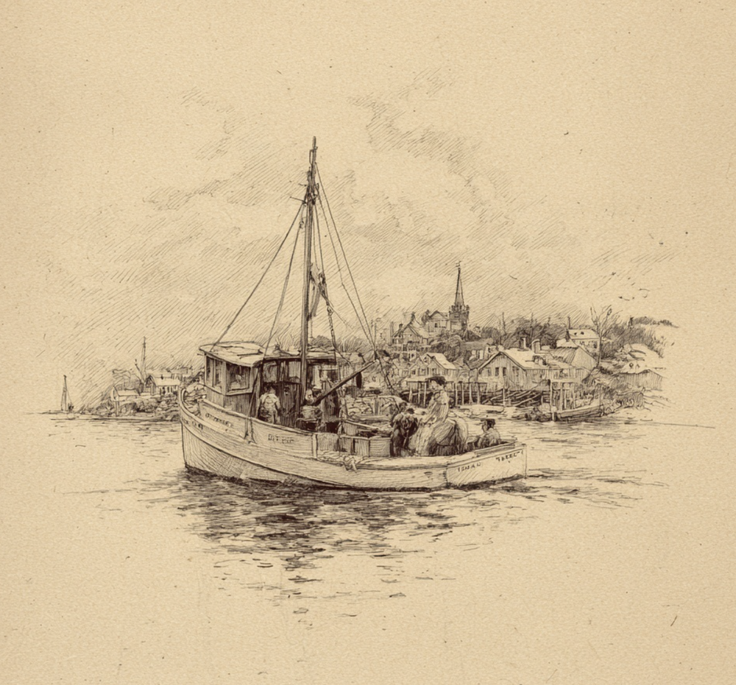 Pencil sketch of a fishing boat returning to a harbor village, with crew on deck and rooftops including a church steeple across the water.